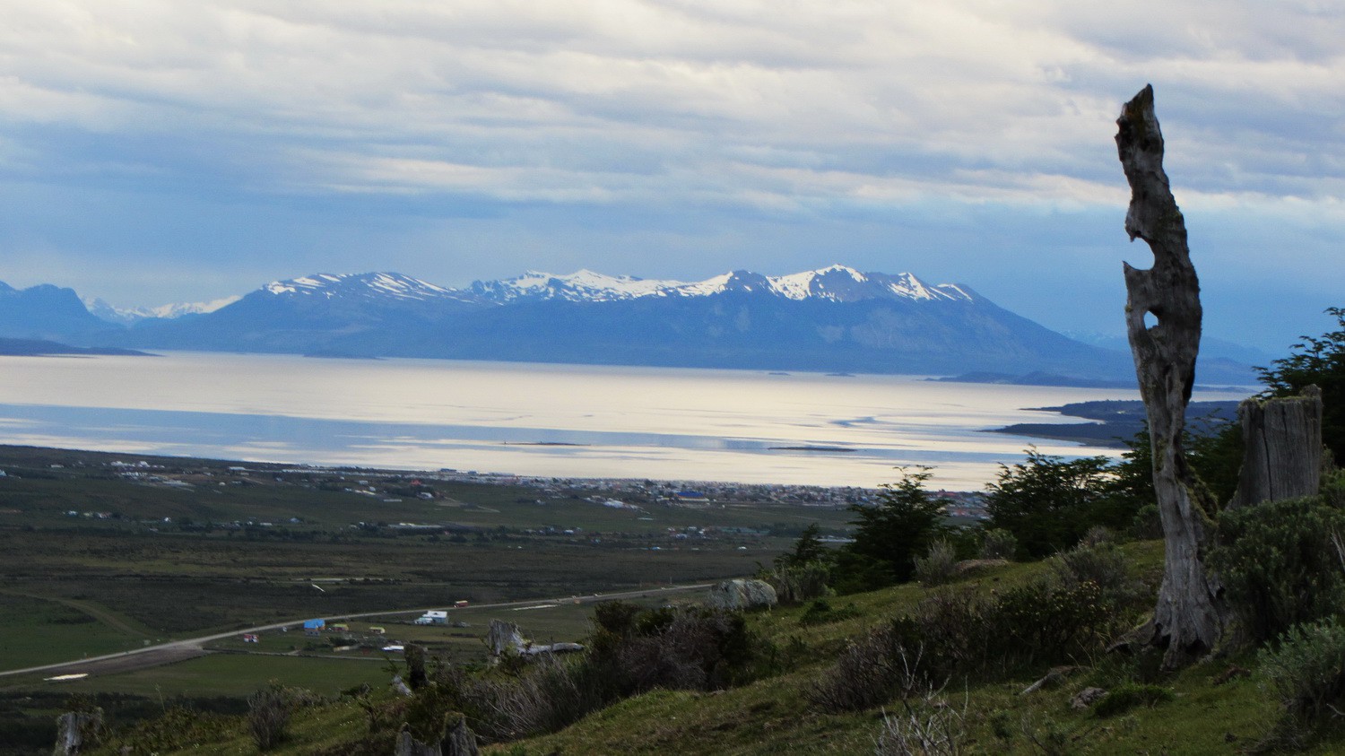 Seno Ultima Esperanza (Last Hope Sound) with Puerto Natales from the way to the Mirador Sierra Dorotea
